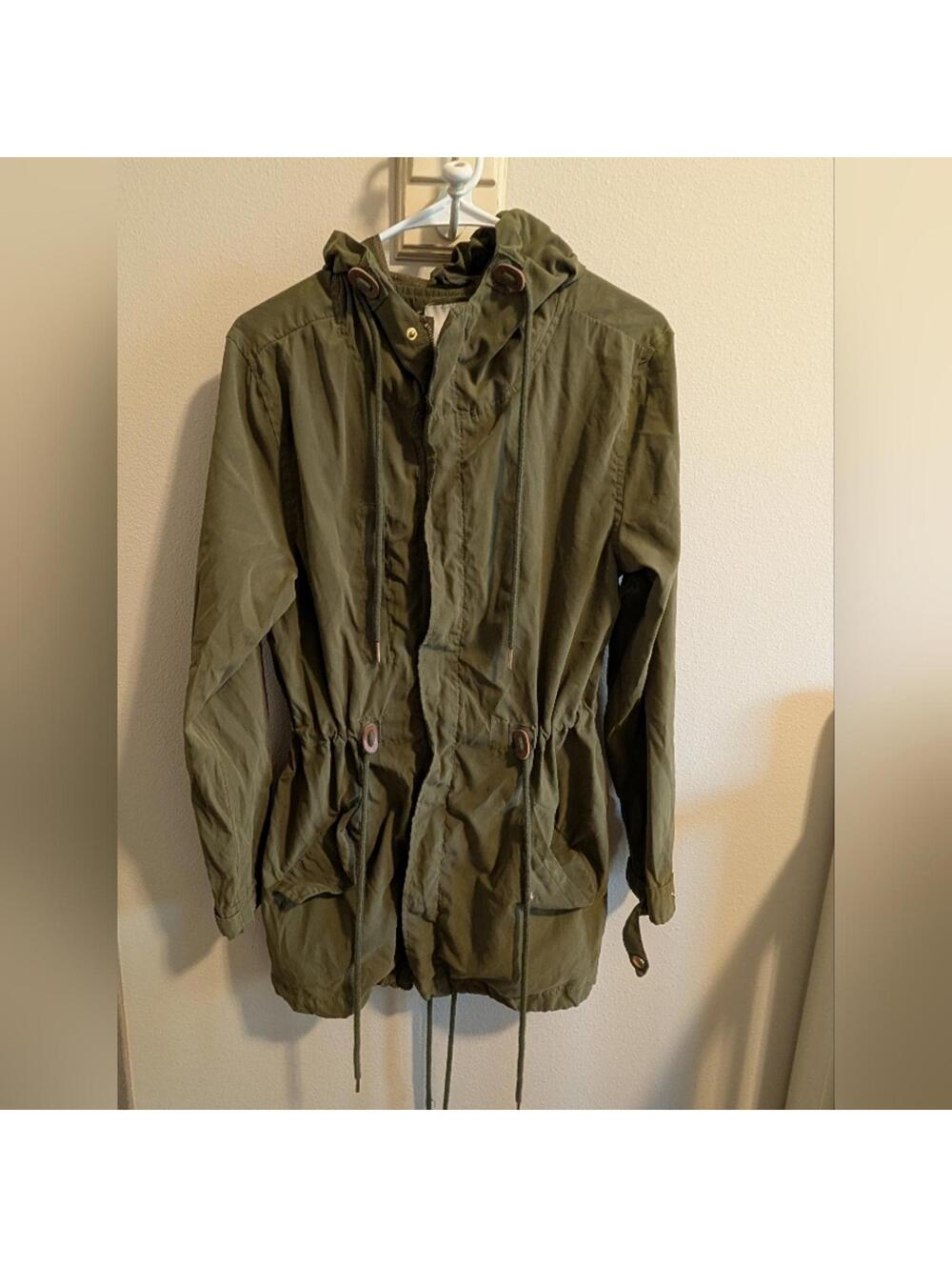 Iris Women's Sz small Green Utility jacket w/ hood Autumn Fall Olive lightweight